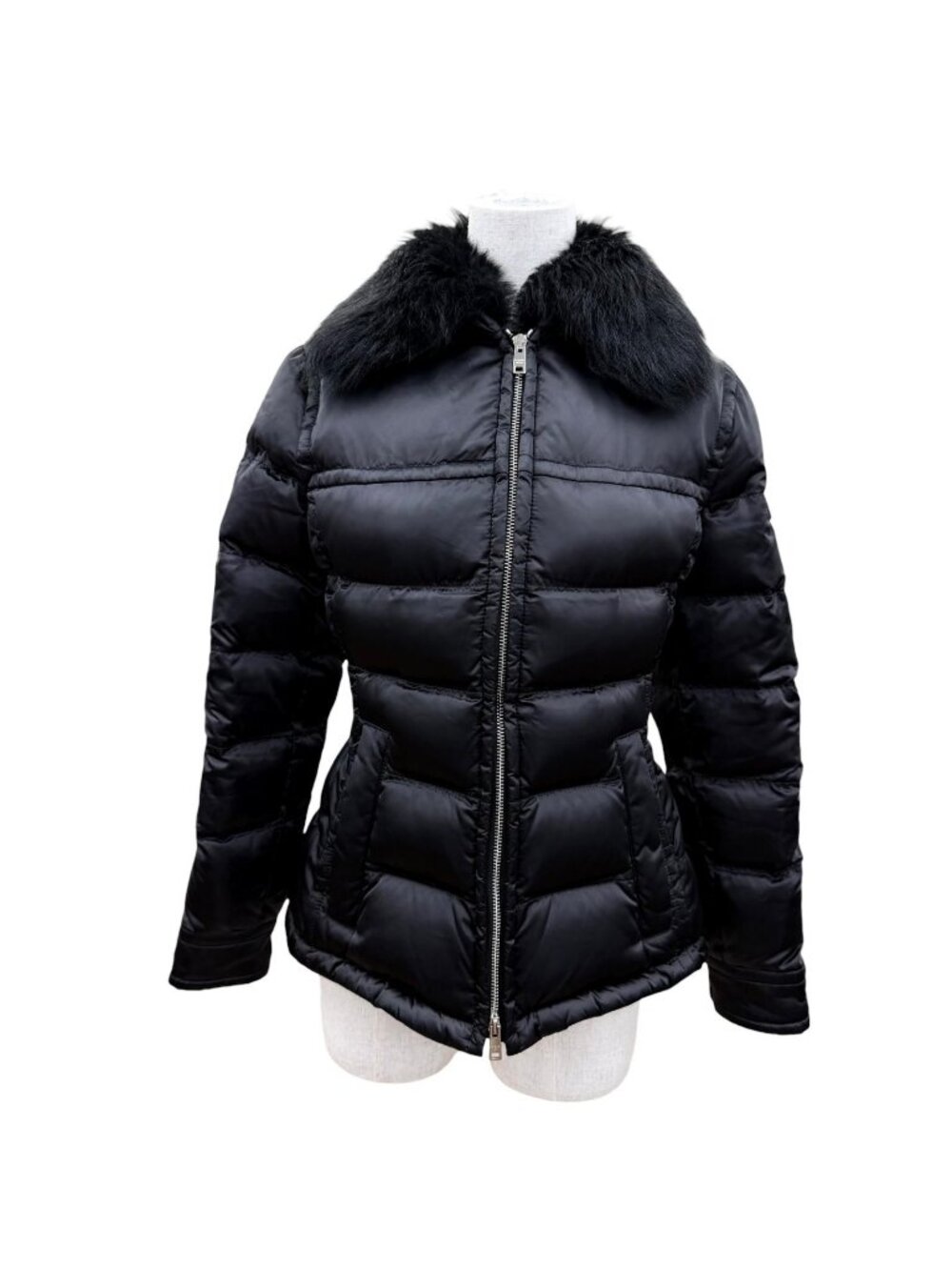 Prada Sheepfur Triangle Logo Zip Up Jacket Black 38